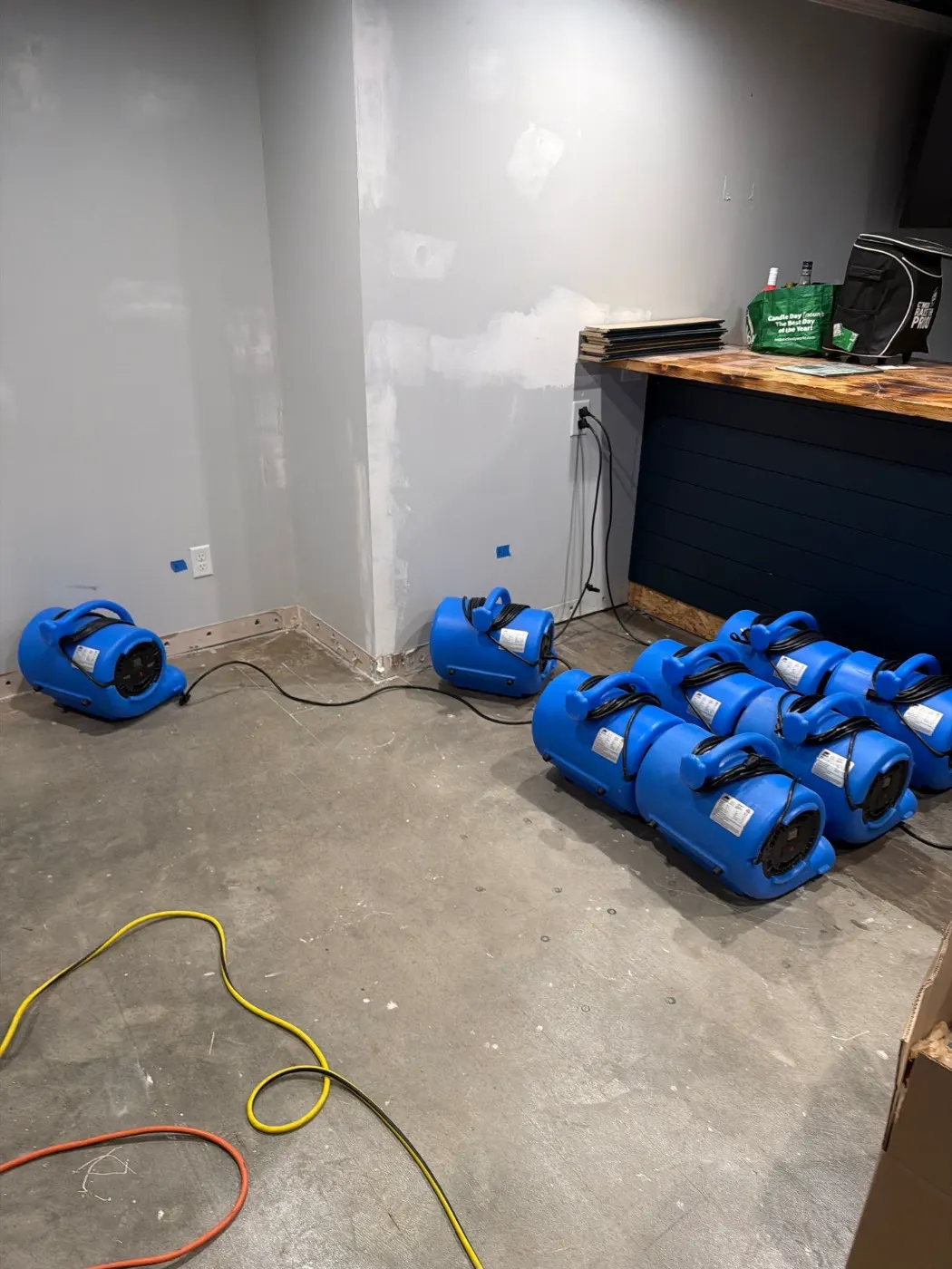 Air movers and dehumidifiers running in Selma Indiana home dry-out